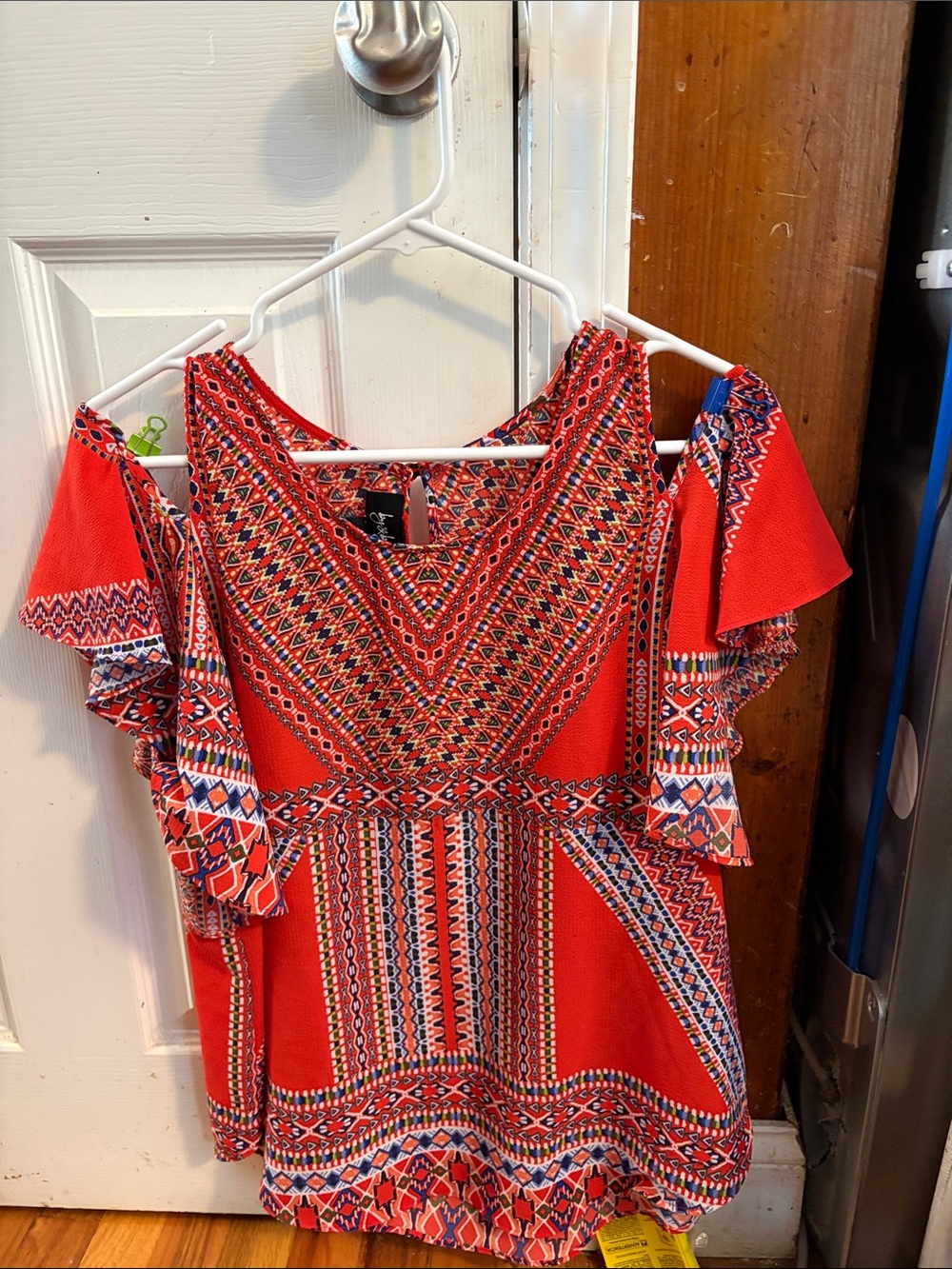Jby&by Collections Red Geometric Cold-Shoulder Blouse
